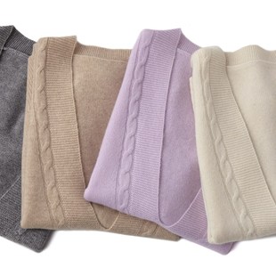 出口单100%山羊绒冬女V领套头宽松休闲保暖坎肩叠穿马甲针织背心