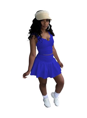 Y1138跨境欧美亚马逊外贸女装性感纯色V领无袖百褶裤裙网球裙套装