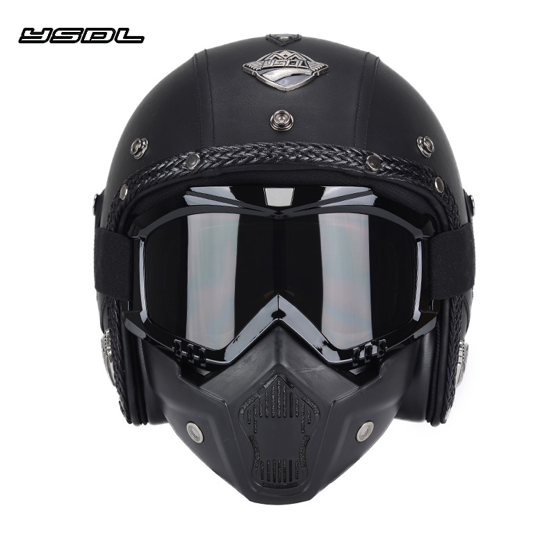复古摩托车头盔男女冬季哈雷半盔机车皮盔灰四季踏板电动车安全帽