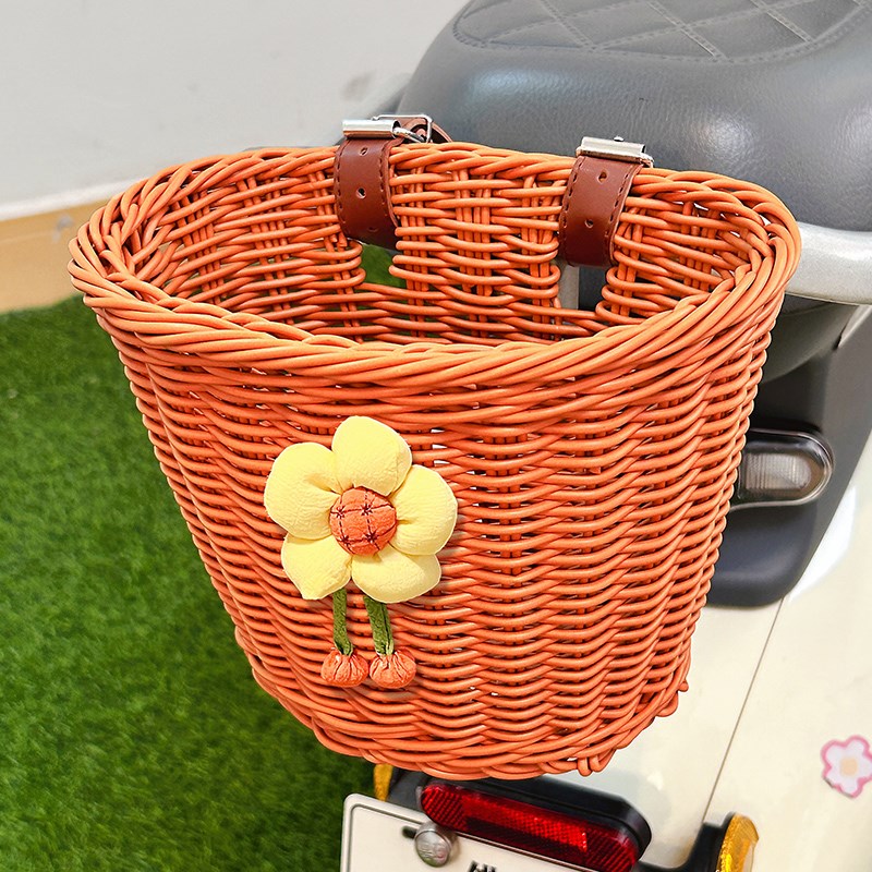 电动车后置车筐复古竹编车篮可爱卡通高颜值自行车车篓置物收纳篮