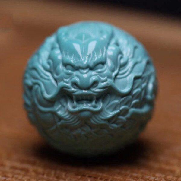 湖北秦古原矿高瓷绿松石龙珠单珠散珠白蓝回纹珠雕刻圆珠金刚配饰