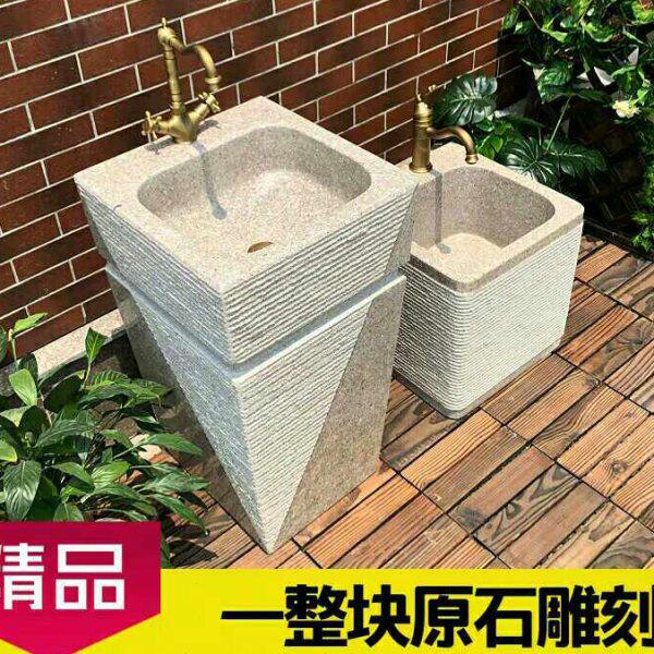 大理石一体立柱式洗手盆花岗岩石头户外阳台花园小院拖把水池摆件