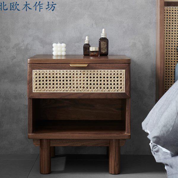 北美黑胡桃木原木藤编床头柜卧室床边柜北欧简约沙发边几柜日式