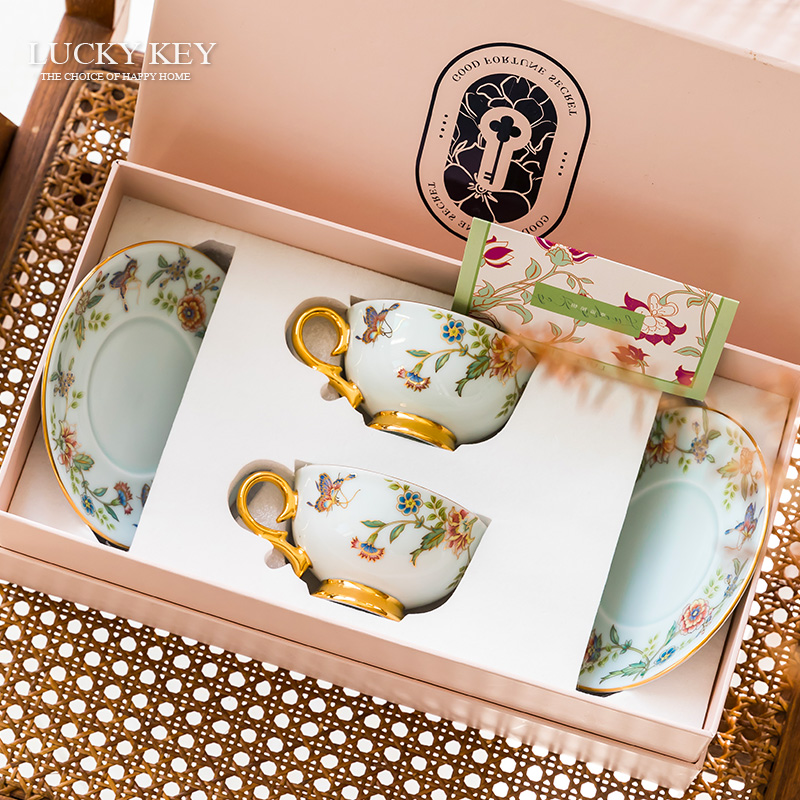 幸运秘钥景德镇咖啡杯子套装精致礼盒装陶瓷新婚礼物春风醉蝶