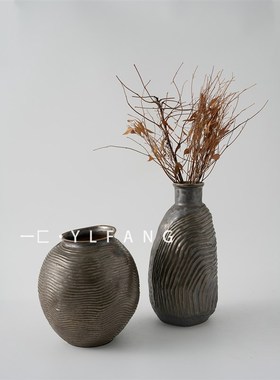 一匚 现代复古金属光泽陶瓷创意花器 样板间酒店会所客厅桌面摆件