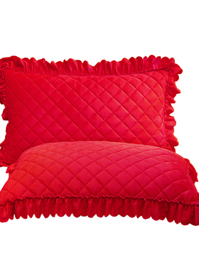 水晶绒加厚夹棉枕套一对装结婚红色珊瑚绒单人4874cm枕芯内胆套