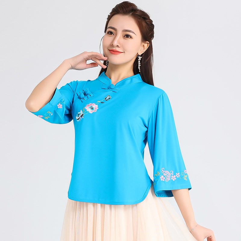 广场舞服装中袖舞蹈服上衣中国风新中式刺绣喇叭袖上衣古典舞蹈衣