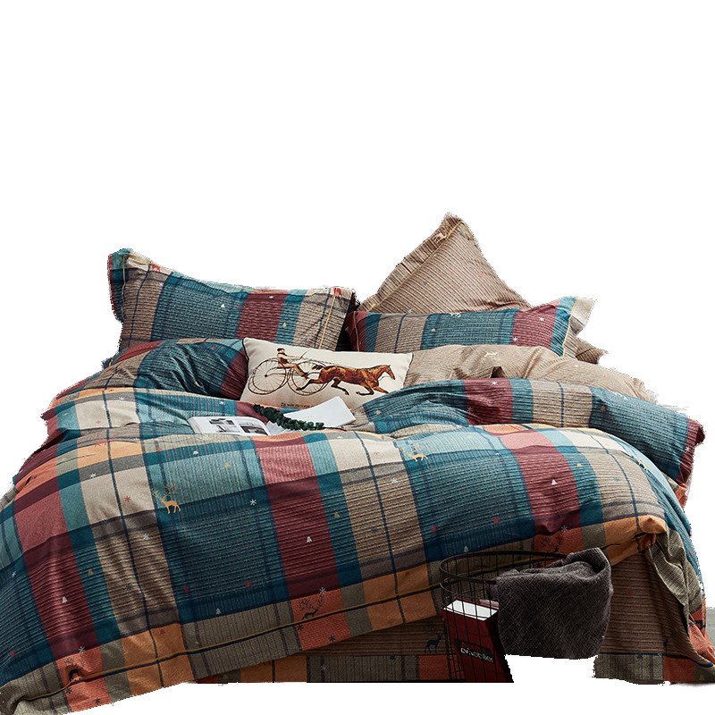 全棉加厚简约磨毛80支四件套被套床单出口欧美格子保暖床上用品