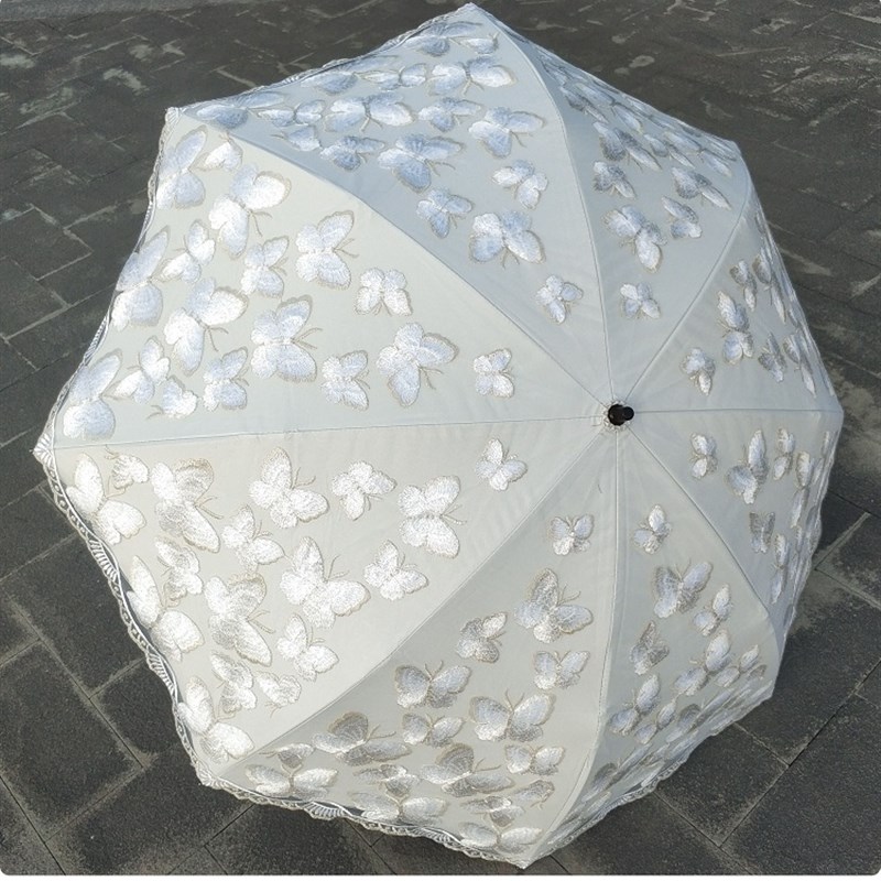 二折蕾丝蝴蝶刺绣花亮片米白色防紫外线晴雨伞太阳伞公主洋伞