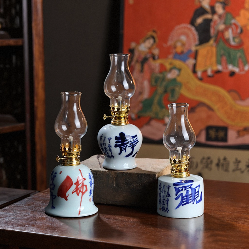 陶瓷书法喜灯礼佛灯酥油灯煤油灯