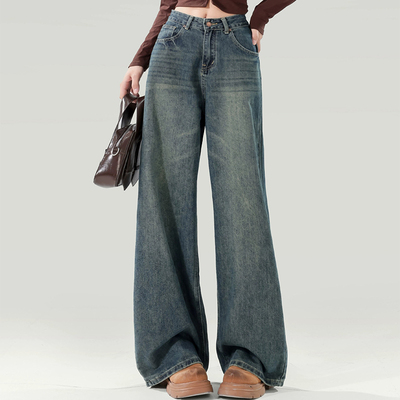 复古蓝高腰阔腿牛仔裤宽松长裤女