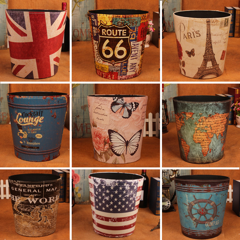 复古创意垃圾桶h英伦欧式皮革圆形无盖家用垃圾篓餐厅咖啡饭店纸