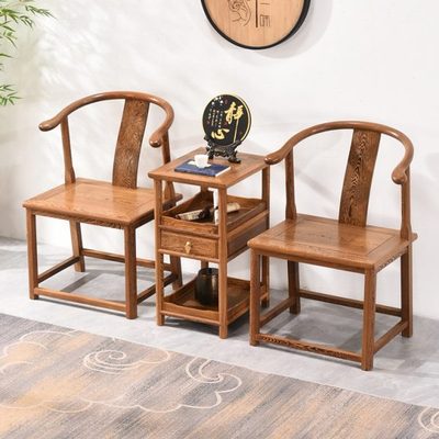 鸡翅木小圈椅三件套红木茶椅新中式实木牛角椅仿古茶桌椅子客人椅