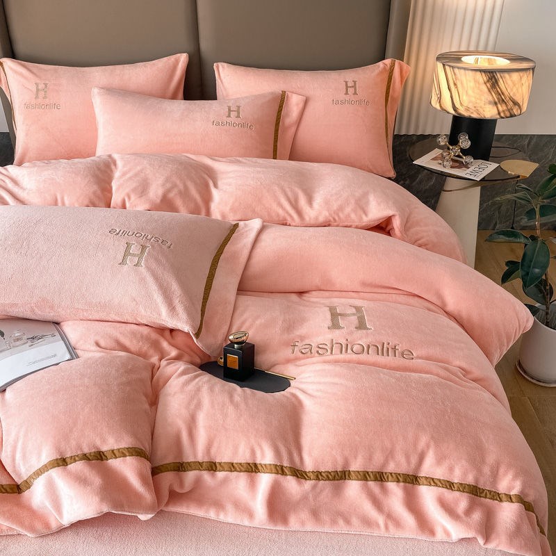 加厚冬季牛奶绒四件套珊瑚绒床单B双面加绒被套刺绣法兰绒床上用