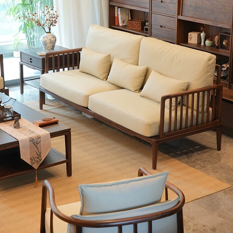 新中式实木沙发客厅2025新款高端禅意简约轻奢黑U胡桃木布艺家具