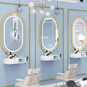 美发镜子网红理发店镜台挂墙带灯发廊轻奢专用一体柜剪发单面镜子