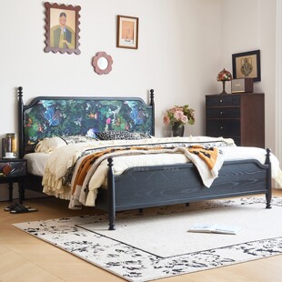 法式布艺中古风床白蜡木实木床法式复古床1米8x2米主卧室双人床