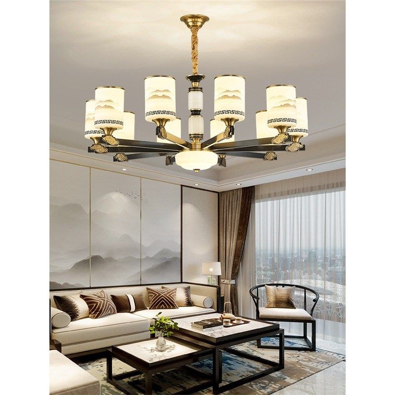 全铜吊灯新中式客厅m灯别墅复式楼餐厅卧室主灯中空楼中楼大厅灯,家装灯饰光源,客厅吊灯,淘宝优惠券,粉丝福利购,淘宝优惠卷