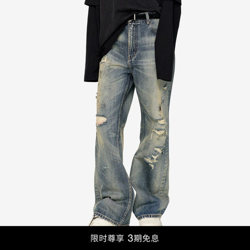 OFF-WHITE™情侣装新款破洞牛仔裤时尚街头磨白做旧长裤仔裤