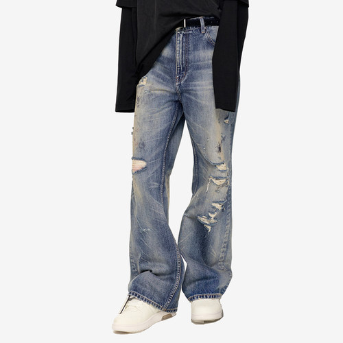OFF-WHITE™情侣装新款破洞牛仔裤时尚街头磨白做旧长裤仔裤