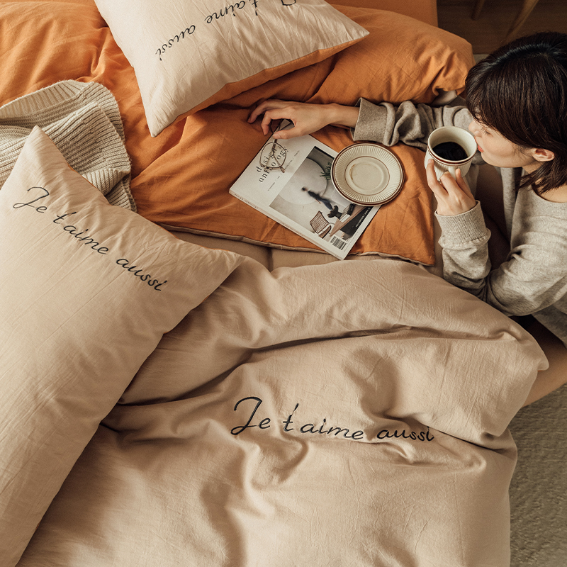 60支全棉水洗棉刺绣双拼四件套简约纯色全棉被套床单1.8m床笠式