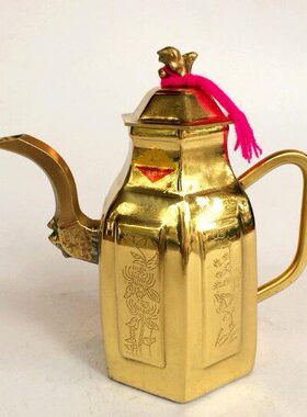 六角纯铜茶壶酒壶铜器摆件铜酒具酒壶摆件可自用供奉财神观音倒酒