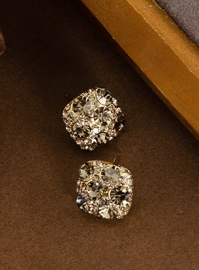 【合金耳饰】方形茶色镶满钻超闪锆石银针耳钉轻奢简约小众设计HS