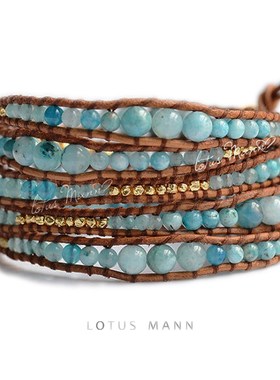 lotus mann地球蓝u 异极矿系列手链 5圈混合银珠皮绳手链