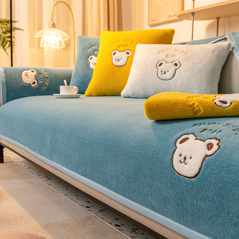 珊瑚绒沙发垫冬季简约现代客厅毛绒沙发套罩加厚S防滑坐垫沙发盖
