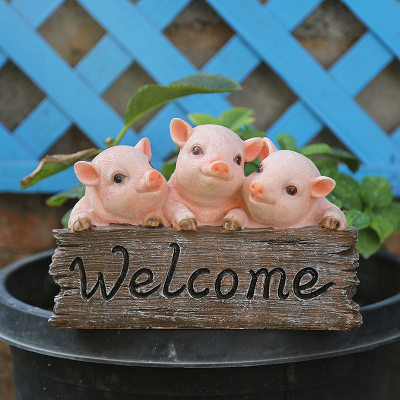 庭院小摆件园艺装饰品 花园v杂货  创意欢迎P牌小猪树脂工艺品摆