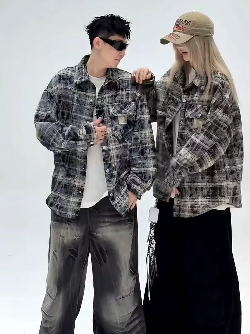 美式复古格子外套男款春秋潮牌高街vibe棒球服小香风衬衫夹克褂子