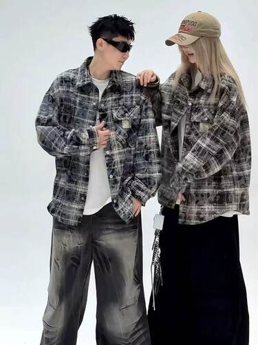 美式复古格子外套男款春秋潮牌高街vibe棒球服小香风衬衫夹克褂子