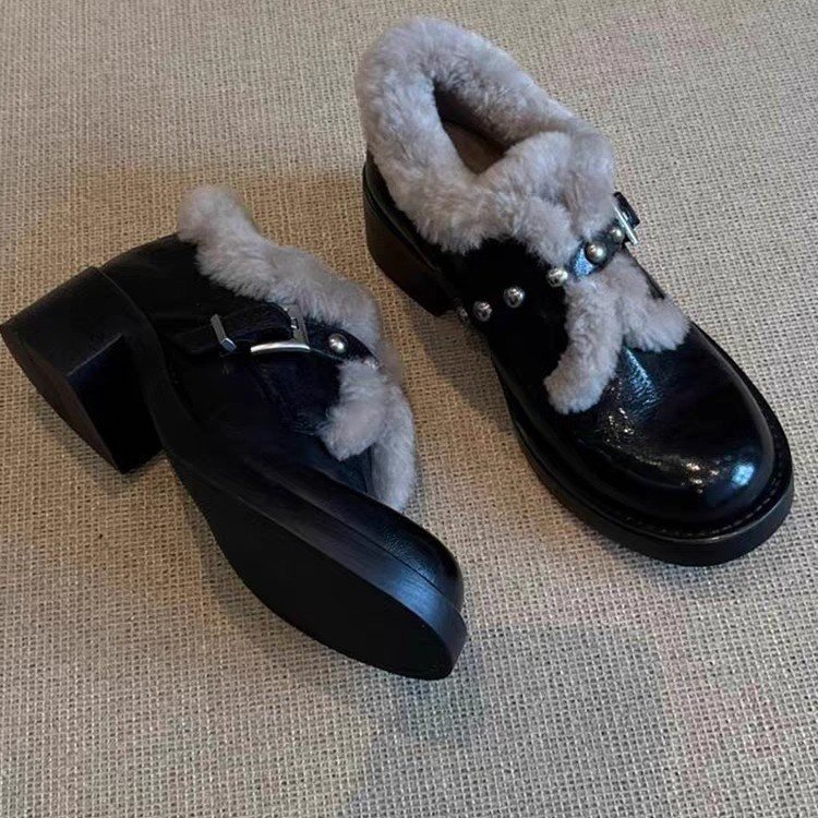 真皮厚底小皮鞋女冬季加绒雪地靴高跟棉鞋粗跟乐福鞋子保暖毛毛鞋