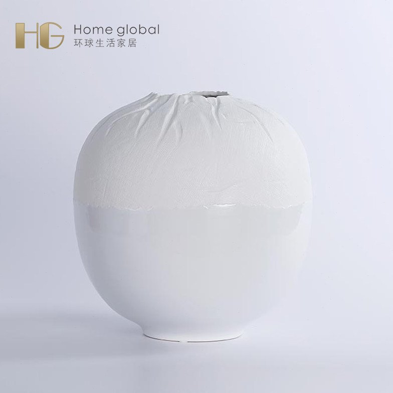 环球家居饰品 白色亚麻花纹陶瓷花瓶 现代简约创意客厅插干花花器