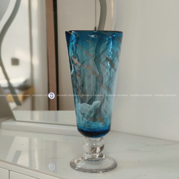 新中式墨水蓝洒金纯手工彩色玻璃风灯花瓶水养插花器家居装饰摆件
