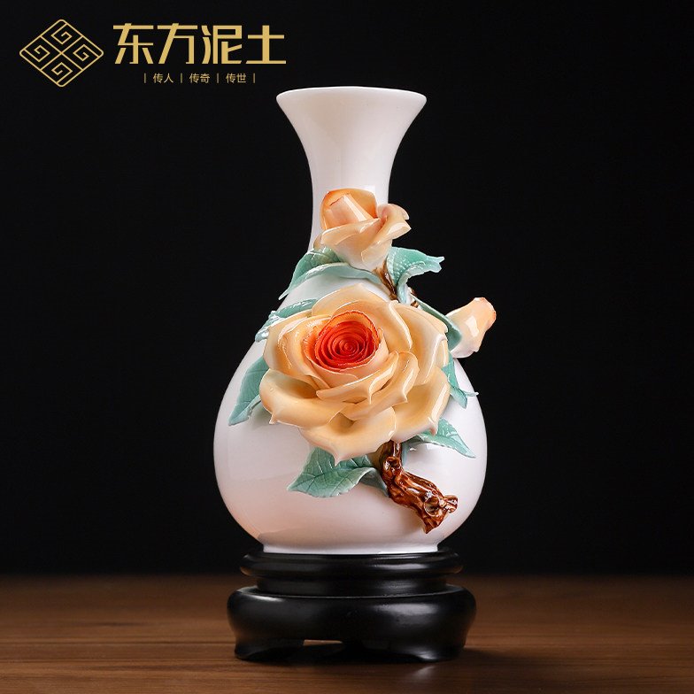 东方泥土香槟玫瑰花瓶新中式非遗手工陶瓷插花摆件客厅博古架装饰