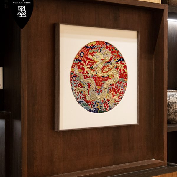 红底单龙戏珠三面圆形斗方刺绣锦绫圆纹斗方装饰画卧室客厅红色玄