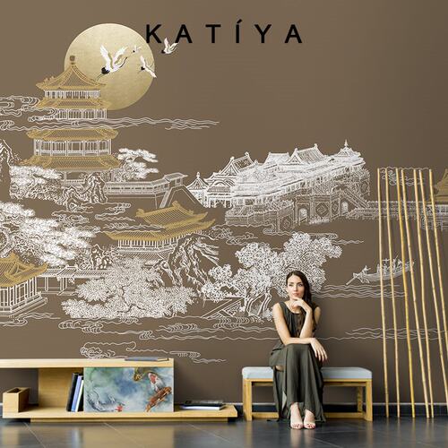 Katiya新中式线描山水阁楼飞鹤墙布轻奢壁纸电视背景墙复古典壁画