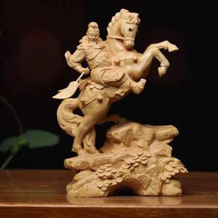 跨马关公黄杨木雕关二爷摆件实木文玩木质工艺品家居财神像根雕