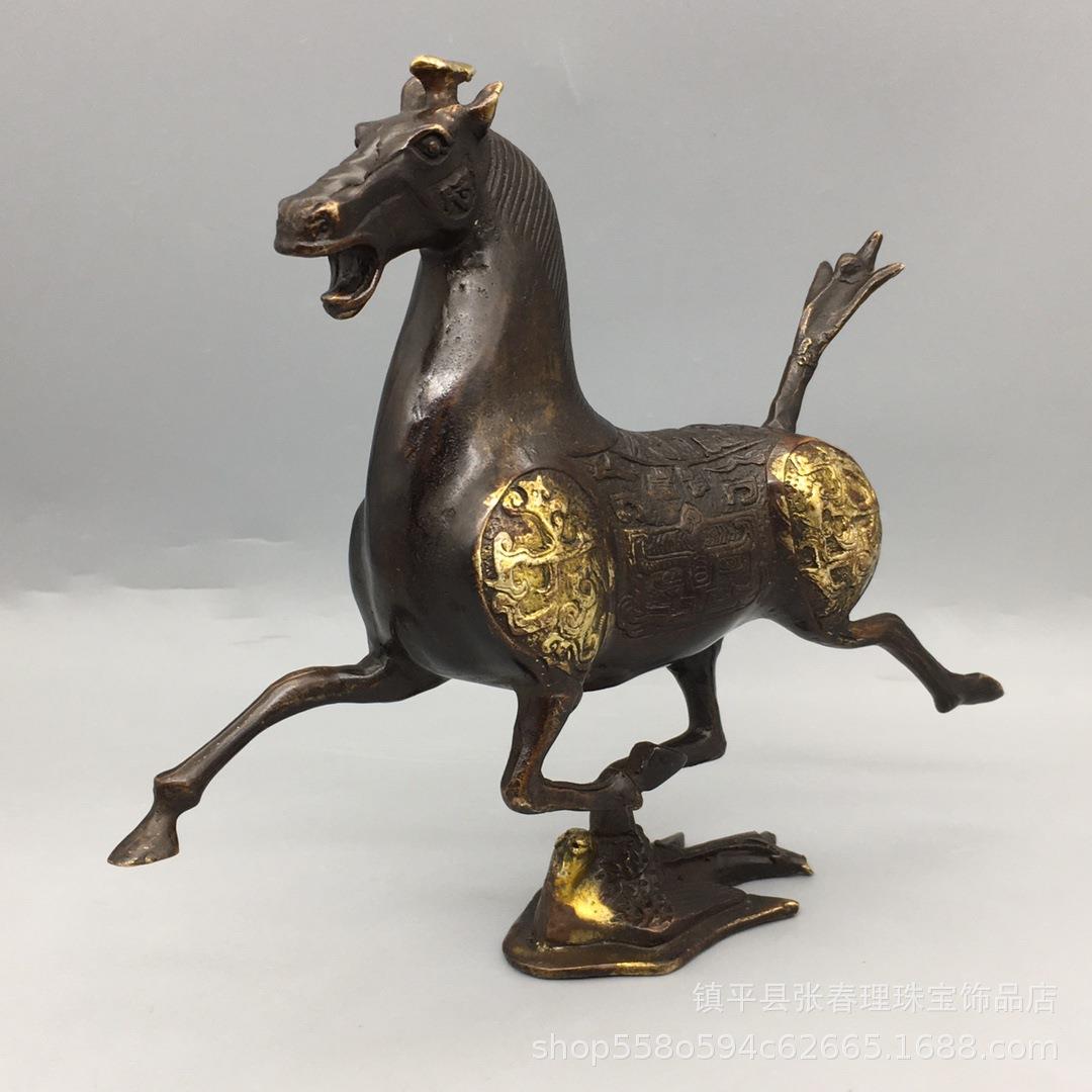 仿古铜器收藏铜鎏金马踏飞燕生肖马工艺品客厅办公桌摆件