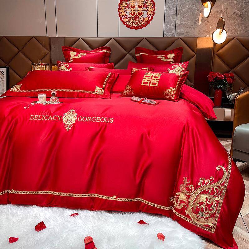 中式婚庆红色床上用品高档结婚60支长绒棉刺绣四件套纯棉床单被套