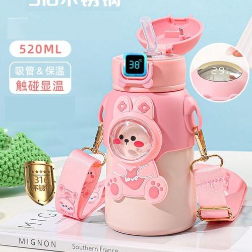 智能温显杯子儿童保温杯弹跳吸管水杯趣味卡通背带便携316不锈钢