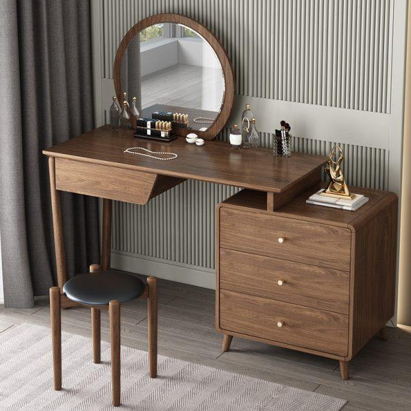 新中式实木书桌北欧网红可伸缩卧室梳妆台收纳多功能复古风胡桃色