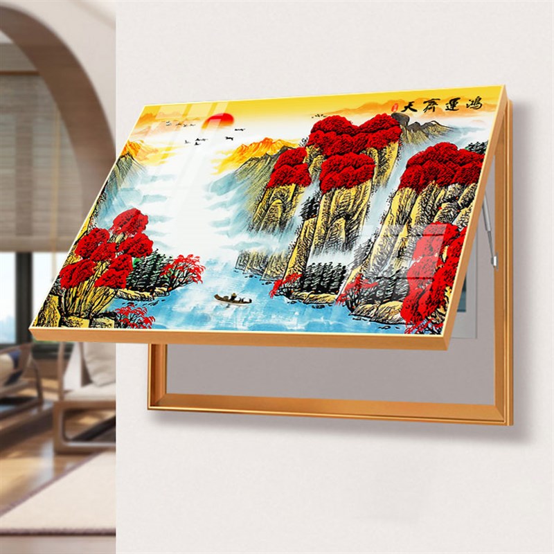 横版中式免打孔电表箱挂画鸿运当头遮挡弱电源总开关电闸盒装饰画