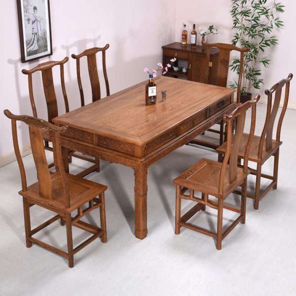 鸡翅木餐桌长方形家用 红木中式实木餐桌椅组合雕花原木复古仿古