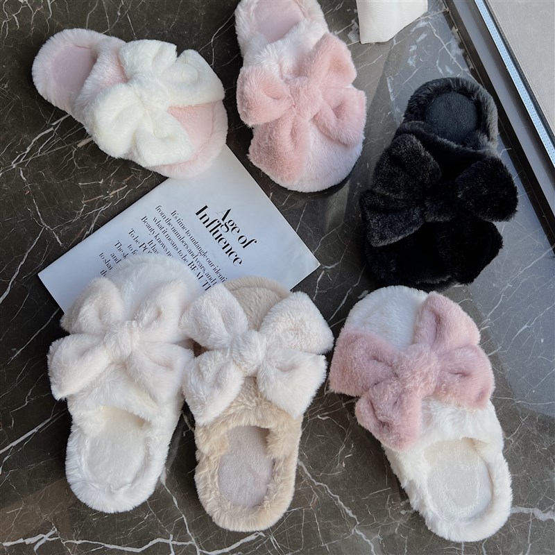 毛毛拖鞋女外穿秋冬厚底毛绒绒蝴蝶结时尚居家高级黑色包头棉拖鞋