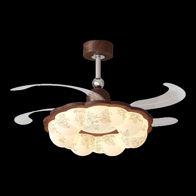 中古风扇灯卧室吸顶灯胡桃木色护眼宋代美学布艺隐形静音吊扇灯具