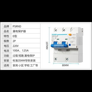 小型断路器DZ47空气开关家用漏电2P100A空开短路过载保护漏保125A
