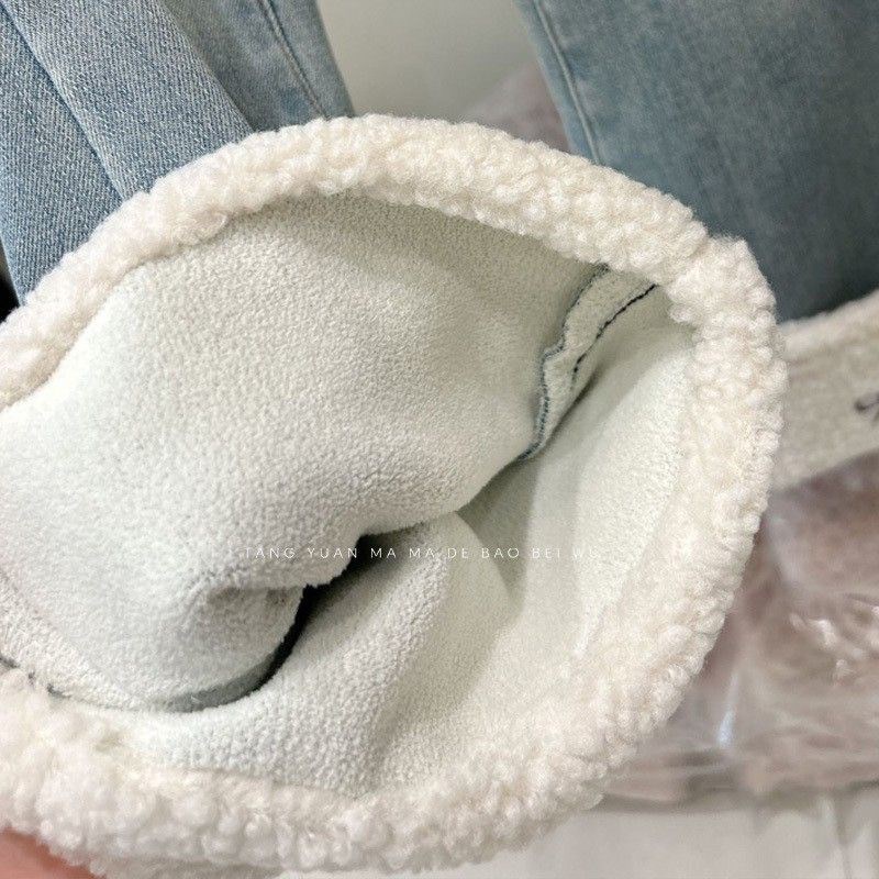女童加绒牛仔裤喇叭裤中大童羊羔绒直筒裤秋冬韩版加厚卷边长裤子