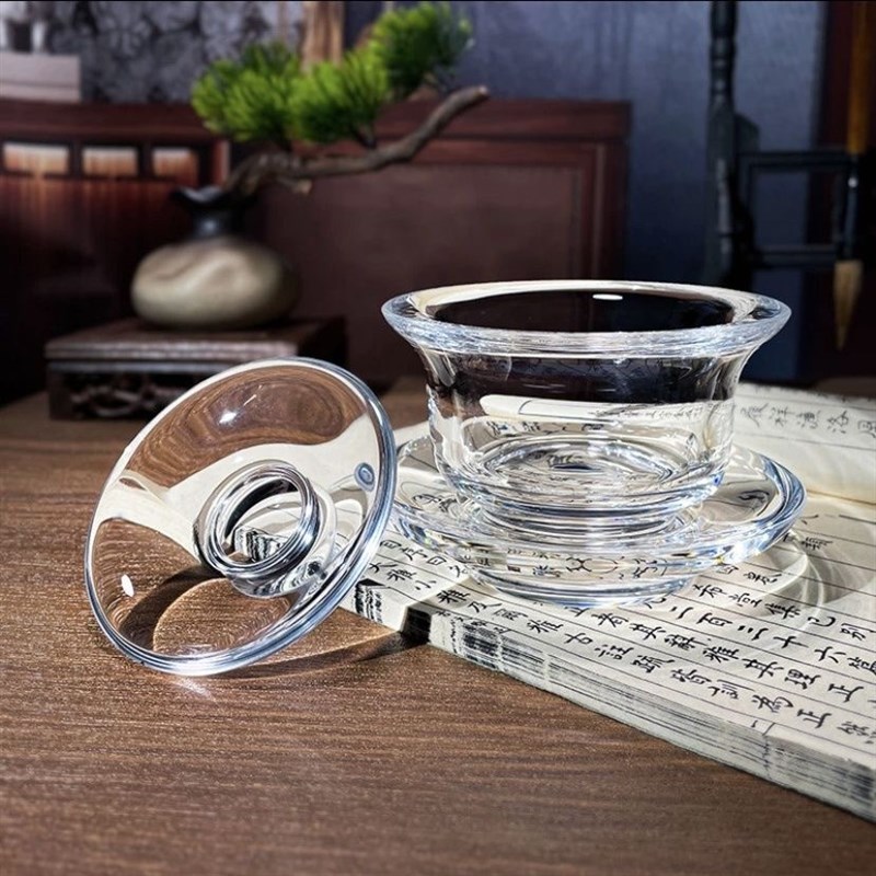 东海原矿水晶盖碗老师傅手工打磨水晶玻璃功夫茶具三才盖碗泡茶